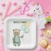 cute teddy bear green background pappteller (Party)