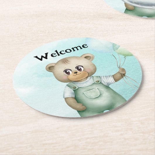 cute teddy bear green background runder pappuntersetzer (Angewinkelt)