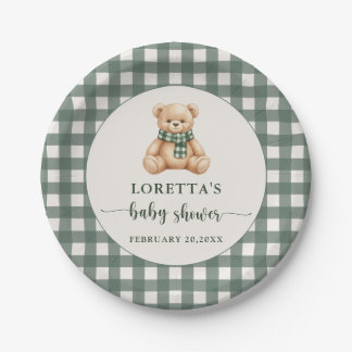 Cute Teddy Bear Green Plaid Baby Shower Pappteller