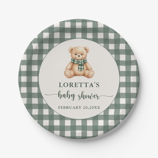 Cute Teddy Bear Green Plaid Baby Shower Pappteller (Vorderseite)