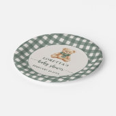Cute Teddy Bear Green Plaid Baby Shower Pappteller (Schrägansicht)