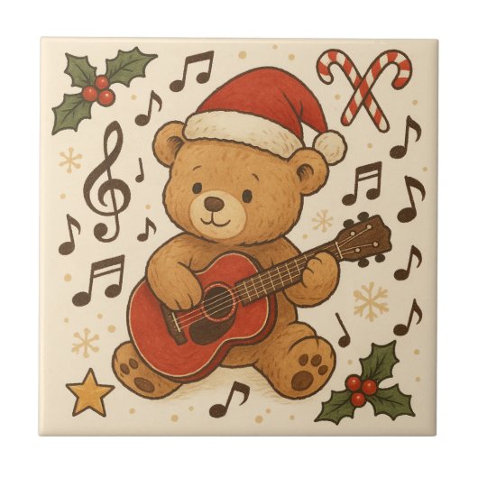 Cute Teddy Bear Guitar Christmas Fliese (Vorderseite)