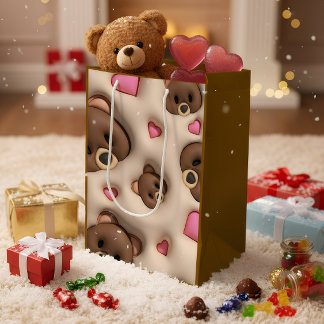 Cute Teddy Bear & Hearts Gift Bag Mittlere Geschenktüte