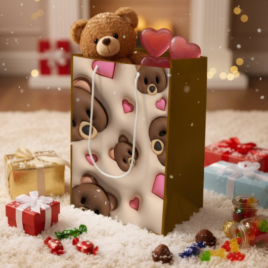 Cute Teddy Bear & Hearts Gift Bag Mittlere Geschenktüte