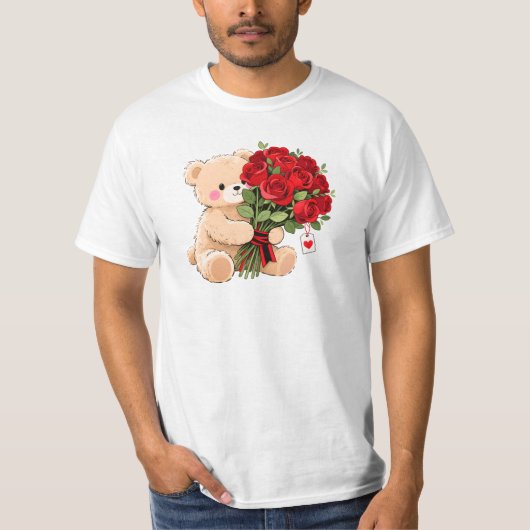 Cute Teddy Bear Holding Valentine Roses T-Shirt (Vorderseite)