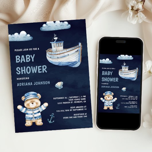 Cute Teddy Bear Nautical Boat Navy Baby Shower Einladung