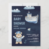 Cute Teddy Bear Nautical Boat Navy Baby Shower Einladung (Vorderseite)