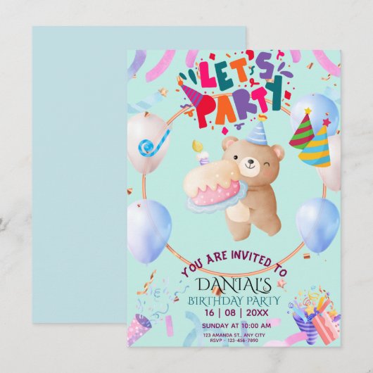 Cute Teddy Bear Personalized Birthday Invitation  Einladung (Vorne/Hinten)