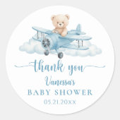 Cute Teddy Bear Pilot Blue Baby Shower Thank You Runder Aufkleber (Vorderseite)