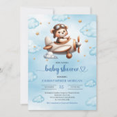 Cute Teddy Bear Pilot Blue Brown Baby Shower Einladung (Vorderseite)