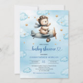Cute Teddy Bear Pilot Blue Gold Boy Shower Invites Einladung (Vorderseite)