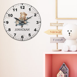 Cute Teddy Bear Pilot in a Sky Adventure Große Wanduhr