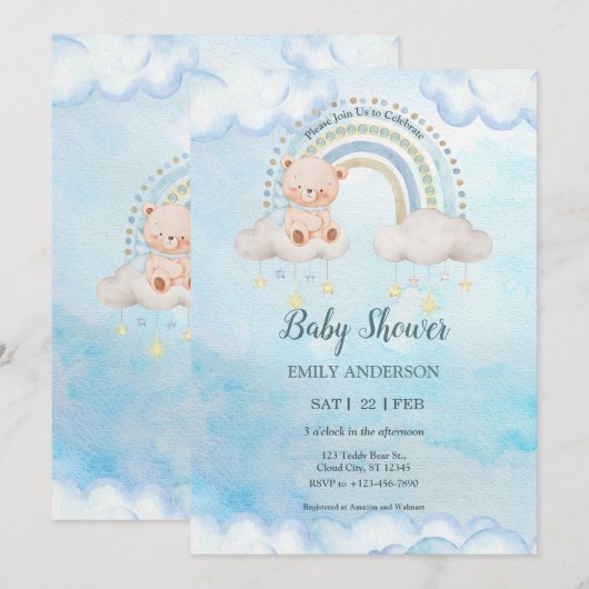 Cute Teddy Bear Raimbow Clouds Einladung (Vorne/Hinten)