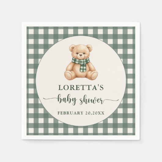 Cute Teddy Bear Rustic Green Plaid Baby Shower  Serviette (Vorderseite)