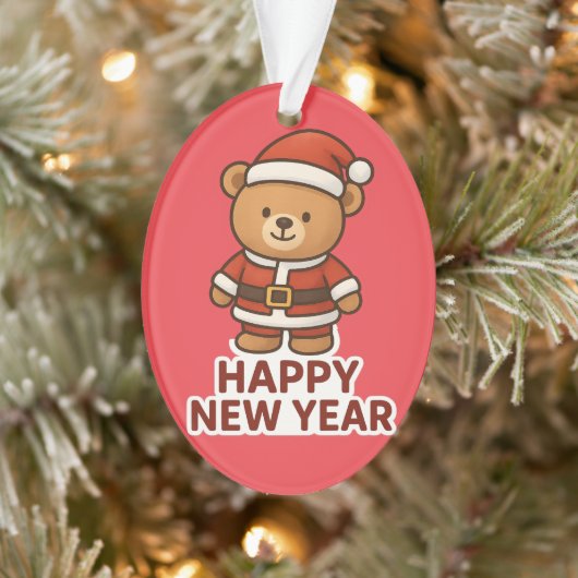 Cute Teddy Bear Santa Happy New Year Sticker Ornament (Baum)