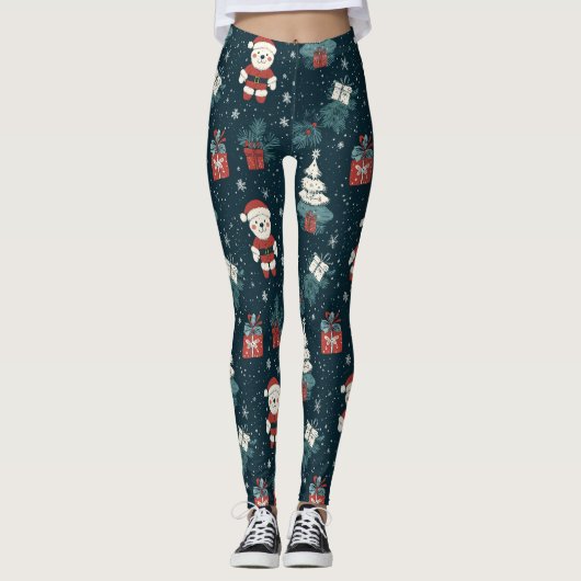 Cute Teddy Bear & Santa on Dark Green (1) Leggings (Vorderseite)