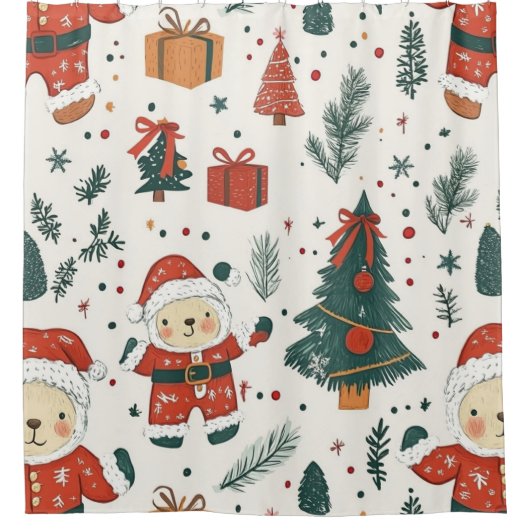 Cute Teddy Bear & Santa on White (1) Duschvorhang (Vorderseite)