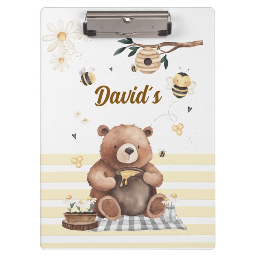 Cute teddy bear school with jar of honey Klemmbrett (Vorderseite)