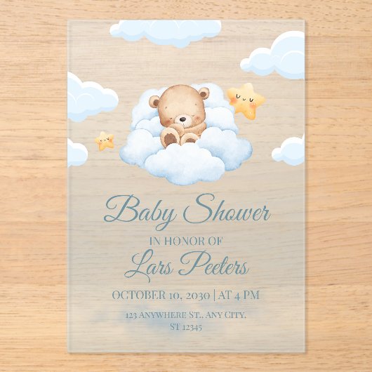Cute Teddy Bear Sleeping on Cloud Baby Shower Invi Acryleinladungen (Vorderseite)