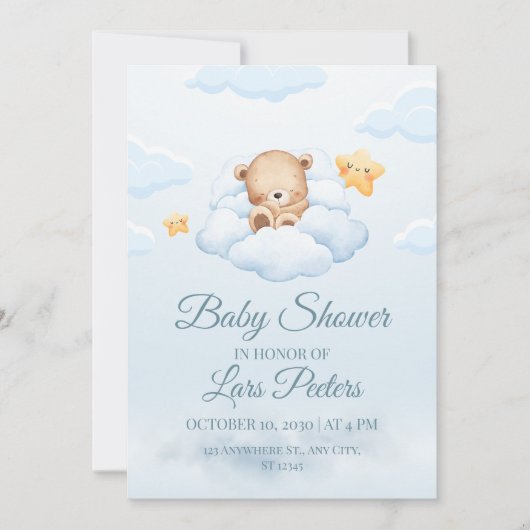 Cute Teddy Bear Sleeping on Cloud Baby Shower Invi Einladung (Vorderseite)