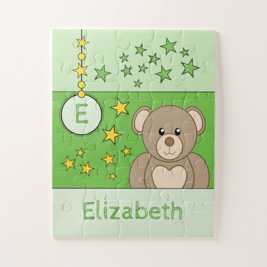 Cute teddy bear stars name green puzzle (Vertikal)