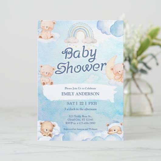 Cute Teddy Bear Twinkle Little Star Cloud Einladung (Stehend Vorderseite)