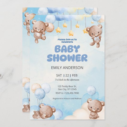 Cute Teddy Bear Twinkle Little Star Einladung (Vorne/Hinten)