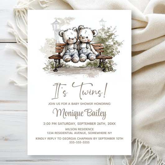 Cute Teddy Bear Twins Baby Shower Einladung