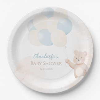 Cute Teddy Bear with Balloons Boy Baby Shower Pappteller