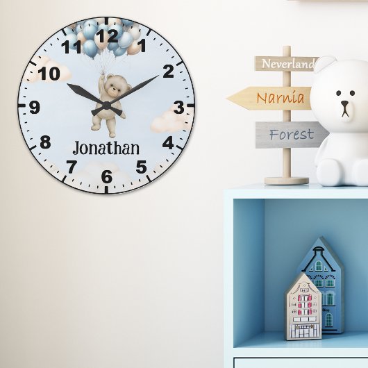 Cute Teddy Bear with Balloons Große Wanduhr