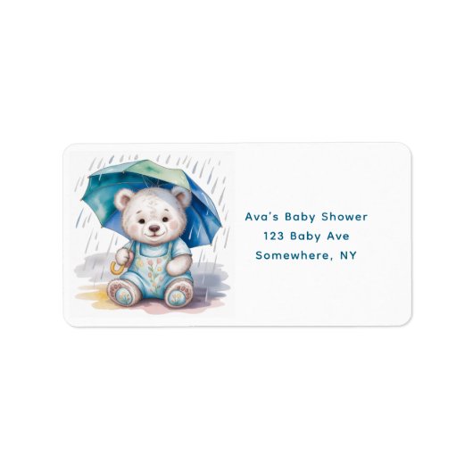 Cute Teddy Bear With Umbrella Boy Baby Shower Adressaufkleber (Vorne)