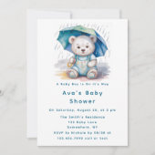 Cute Teddy Bear With Umbrella Boy Baby Shower  Einladung (Vorderseite)
