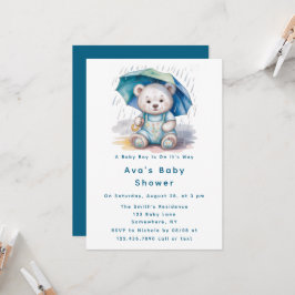 Cute Teddy Bear With Umbrella Boy Baby Shower Einladung