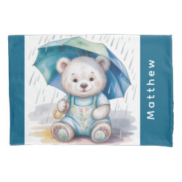 Cute Teddy Bear With Umbrella Boy Baby Shower Gift Kissenbezug