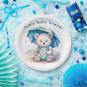 Cute Teddy Bear With Umbrella Boy Baby Shower Pappteller (Party)
