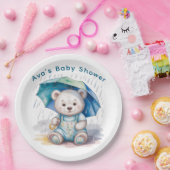 Cute Teddy Bear With Umbrella Boy Baby Shower Pappteller (Party)