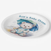 Cute Teddy Bear With Umbrella Boy Baby Shower Pappteller (Schrägansicht)