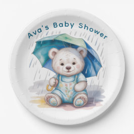 Cute Teddy Bear With Umbrella Boy Baby Shower Pappteller
