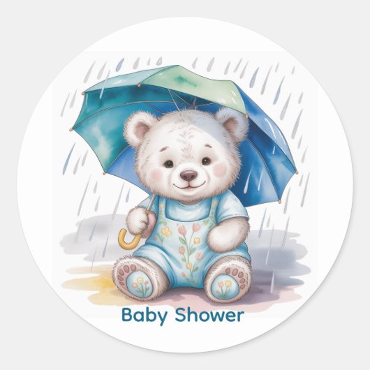 Cute Teddy Bear With Umbrella Boy Baby Shower Runder Aufkleber (Vorderseite)