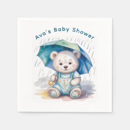 Cute Teddy Bear With Umbrella Boy Baby Shower Serviette