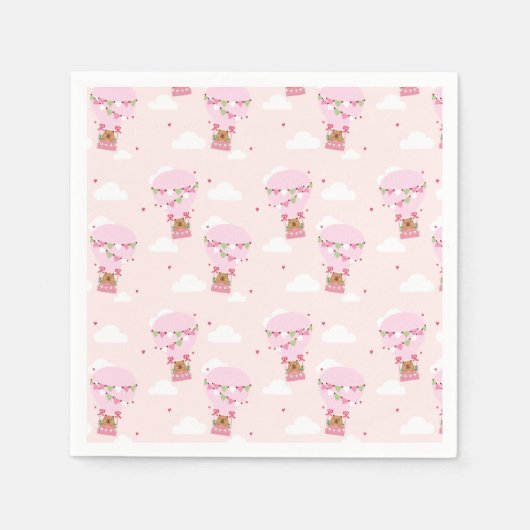 Cute Teddy Hot Air Balloon Pink Birthday Napkins Serviette (Vorderseite)