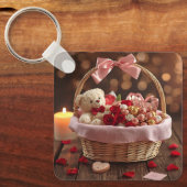 Cute Teddy Rose Basket Romantic Valentine Heart Schlüsselanhänger (Vorderseite)