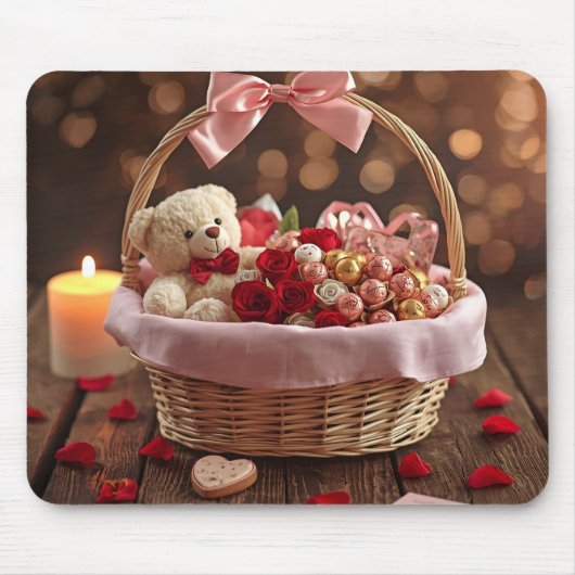 Cute Teddy Rose Basket Romantic Valentine Office Mousepad (Vorne)