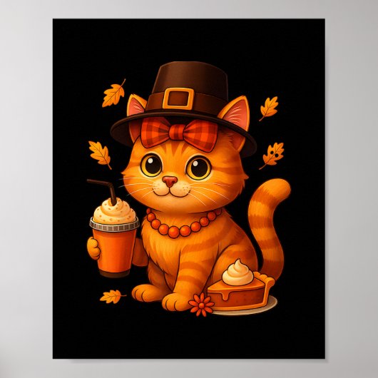 Cute Thanksgiving Cat Fall Pumpkin Pie Latte Autum Poster (Vorne)