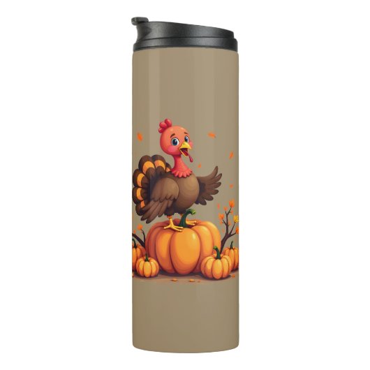 Cute Thanksgiving Turkey Autumn Pumpkins Scene Thermosbecher (Nach rechts gedreht)