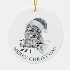 Cute tiger cub in blue Santa hat Merry Christmas Keramik Ornament