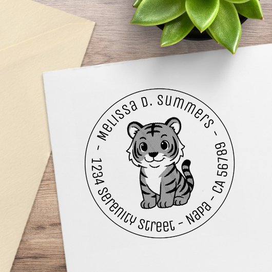 Cute Tiger Cub Round Address Gummistempel