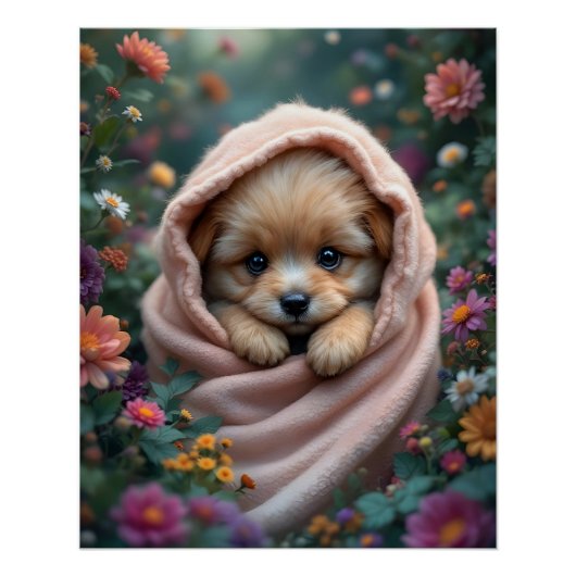 Cute, tiny, fluffy puppy surrounded by flowers poster (Vorderseite)