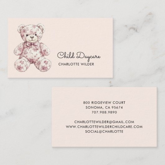 Cute Toile Teddy Bear Daycare Visitenkarte (Vorne/Hinten)