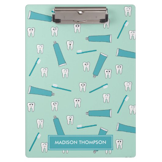 Cute Tooth Teal Mint Toothpaste Toothbrush Pattern Klemmbrett (Vorderseite)